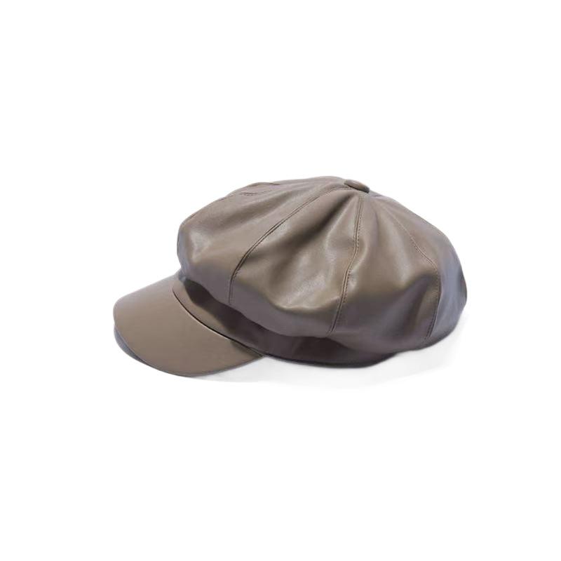 Hat female face small versatile Internet celebrity pu leather octagonal hat new duck tongue British style leather hat beret