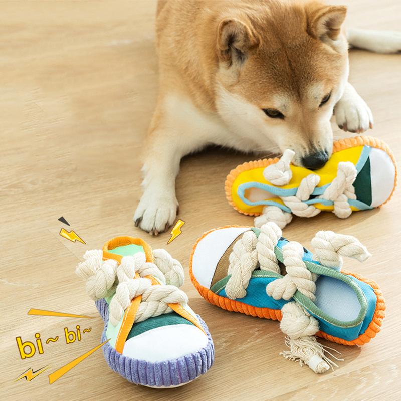 Dog bites shoes, produces sound, grinds teeth, durable toys, shoes, cotton knots, training, teddy bear, small dog, pet dog toy