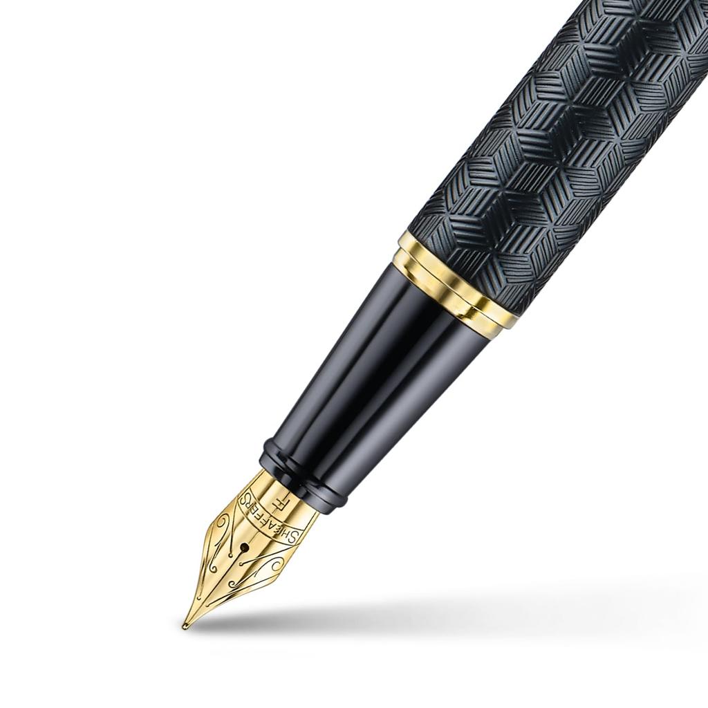 Sheaffer 300 Fountain Pen E9347 Engraved Matte Black Barrel with Polished Chrome Cap and PVD Gold Trim Fine Nib Premium Fountain Pen