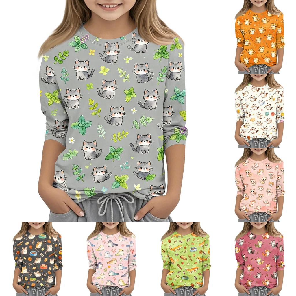 Kinder Tierdruck Rundhals Dreiviertelarm Lässiges T-Shirt Weicher Leichter Stoff Bequeme Passform Geeignet für den Alltag