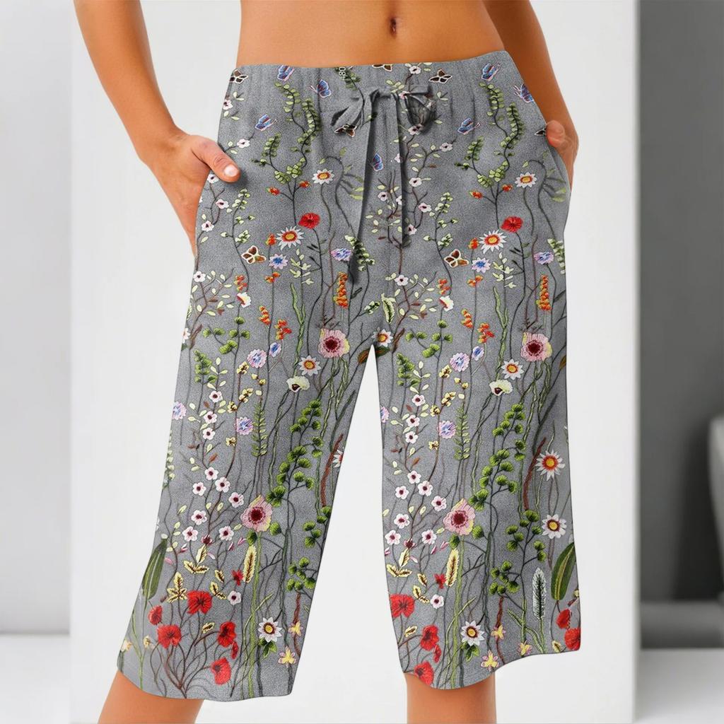 Damesommer Elastisk midje Trykte bomulls- og linsløse shorts