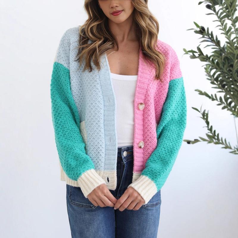 Women Color Block Patchwork Long Sleeve Knitted Cardigan Casual Fashion Sweater Top