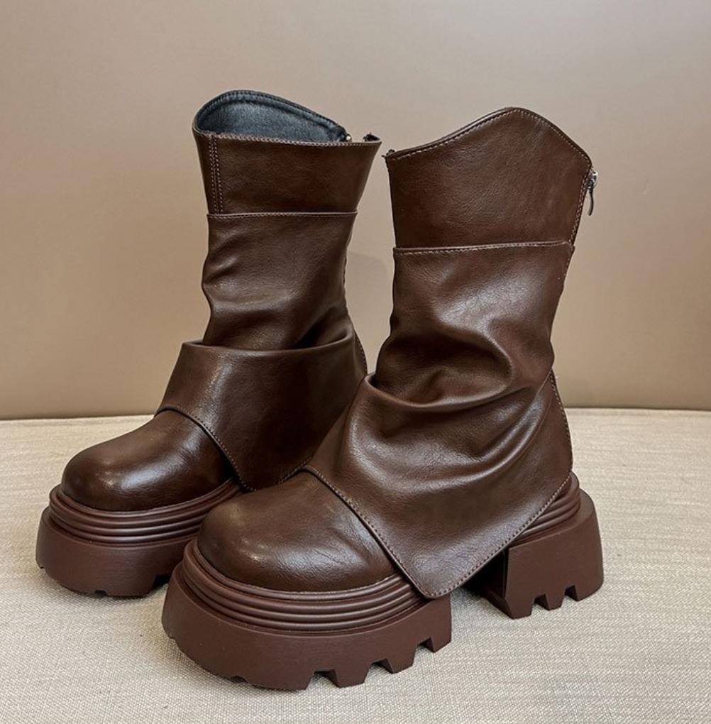 Fashion Women Fashion Mid Calf Thick Boots Splicing Pleated Designer Winter 2025 Trend Vintage Women Shoes Leather Punk Modern Boots