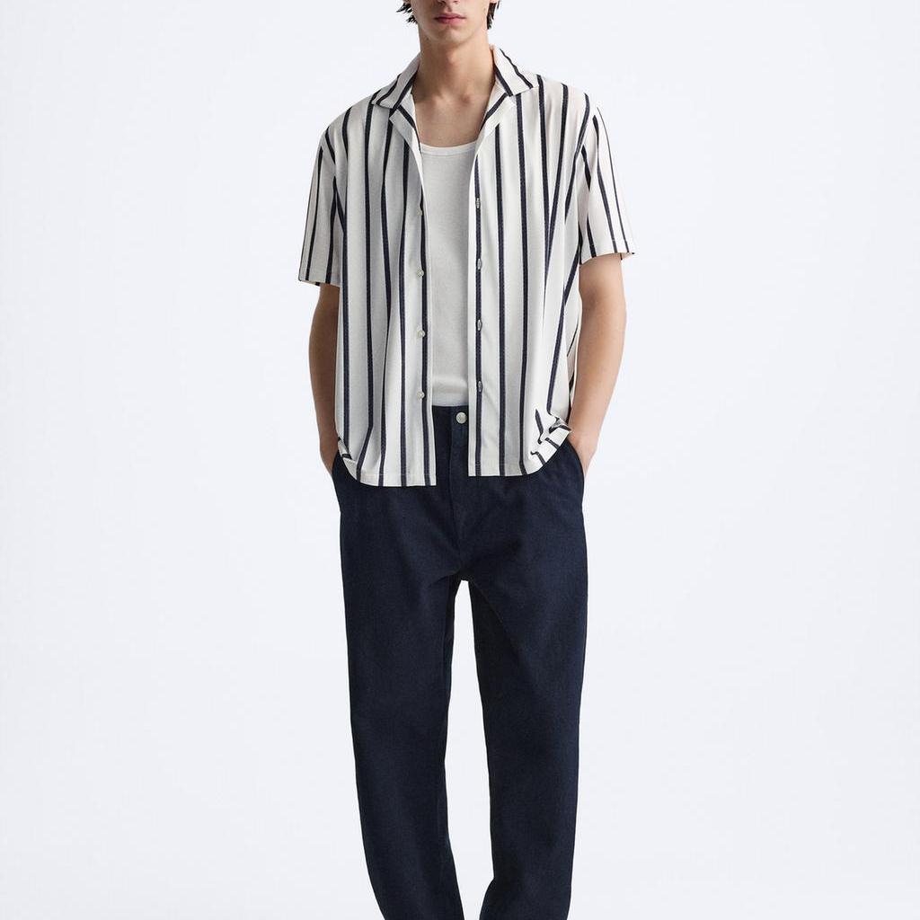 Zara American Vintage Pánská košile s krátkým rukávem a pruhovanou klopou Bílá 7545436-250