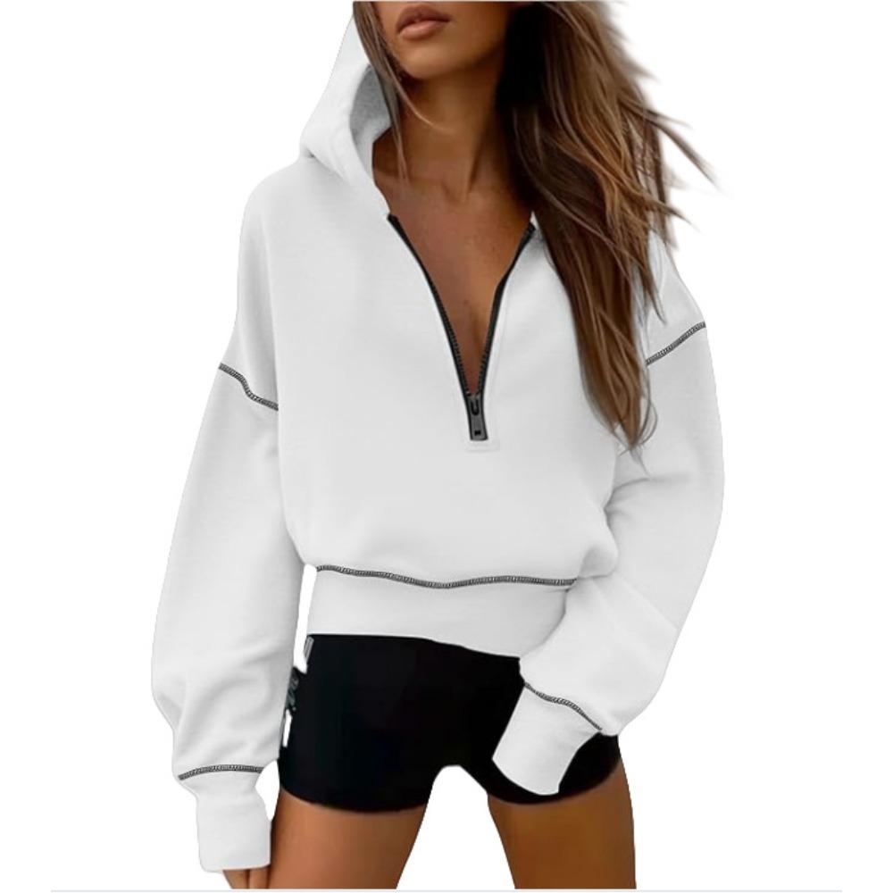 Women's Hood Neck Long Sleeve Half Zip Cropped Hoodie Loose Fit Casual Sweatshirt