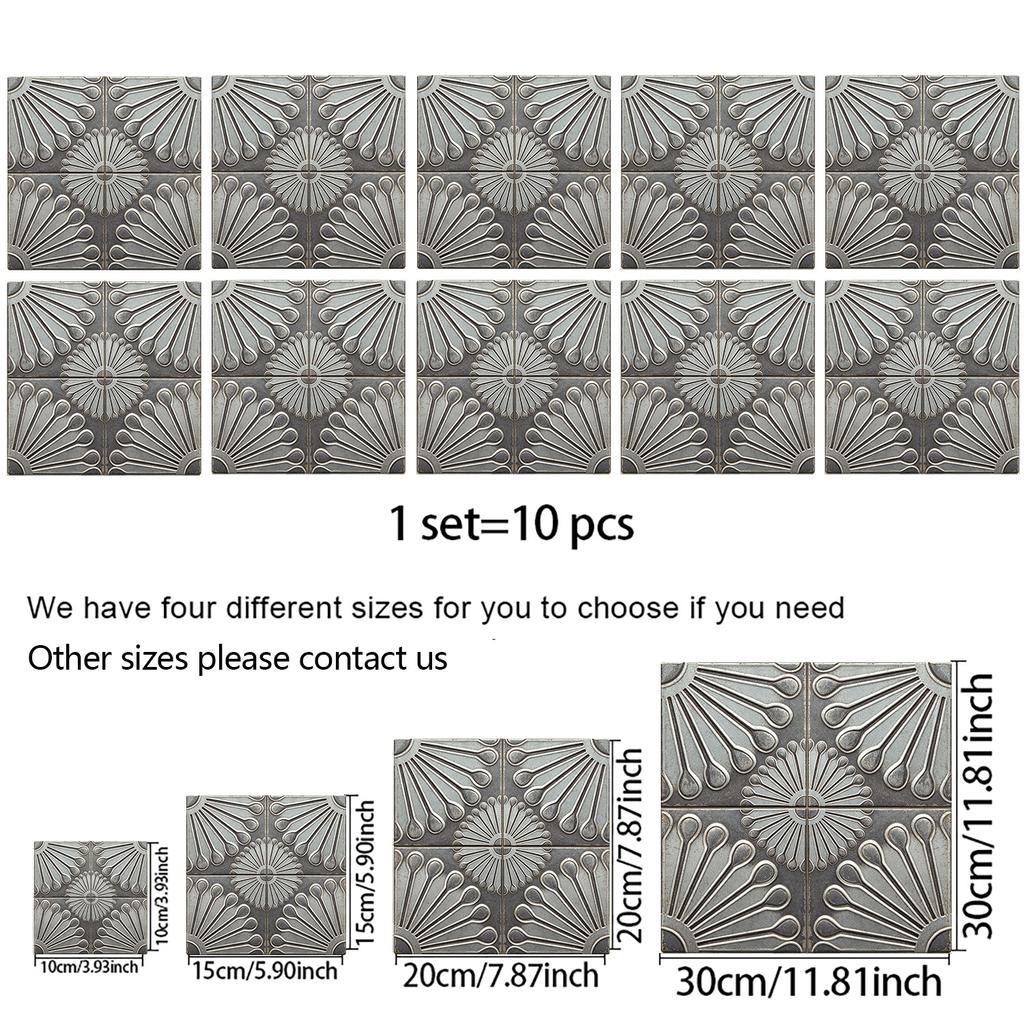 10Pcs French Vintage Dark Grey Tile Stickers Faux 3D Sunflower Texture Wall Decals Waterproof Anti-Slip Backsplash Wallpaper for Kitchen Bathroom