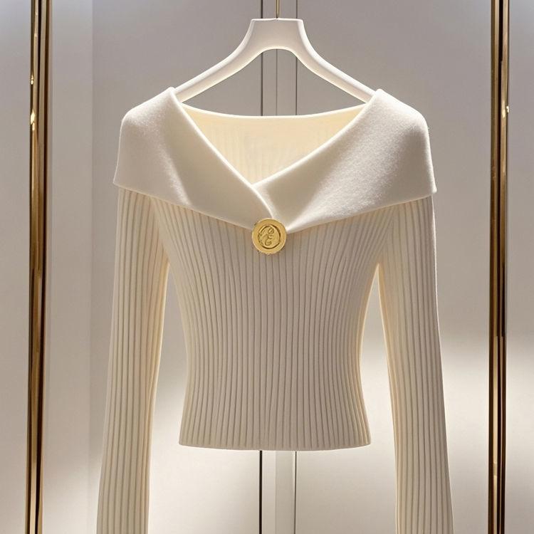 

Французский стиль шикарный облегающий вязаный свитер пуловер женский осенний с разрезом по горловине шикарная внутренняя одежда длинный рукав топ One size абрикосовый