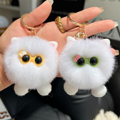 [Cute Kitten] Real Rex Rabbit Hair Small Coal Ball Car Keychain Pendant Ins Pom-pom Schoolbag Pendant