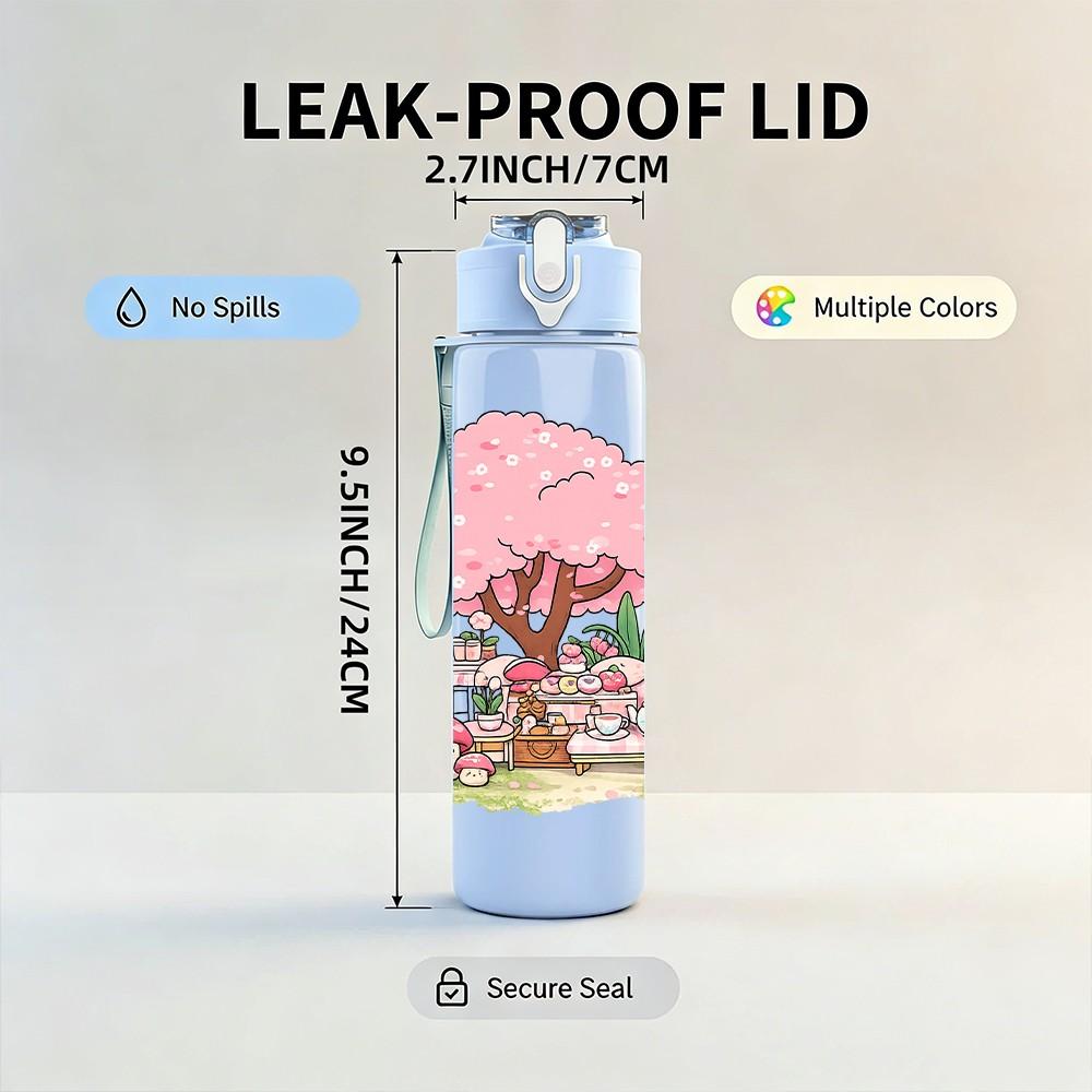 1PC Cherry Blossom Tree Girl Scene Print 750ml Color Plastic Sports Water Bottle Leakproof Flip Straw Lid Suitable for Sports Office Home Use