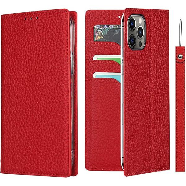 iCoverCase Совместимый с iPhone 12 Pro Max Чехол-бумажник с держателем для кредитных карт и ремешком на запястье, Блокировка RFID, Натуральная кожа, Флип, Магнитный чехол для телефона красный