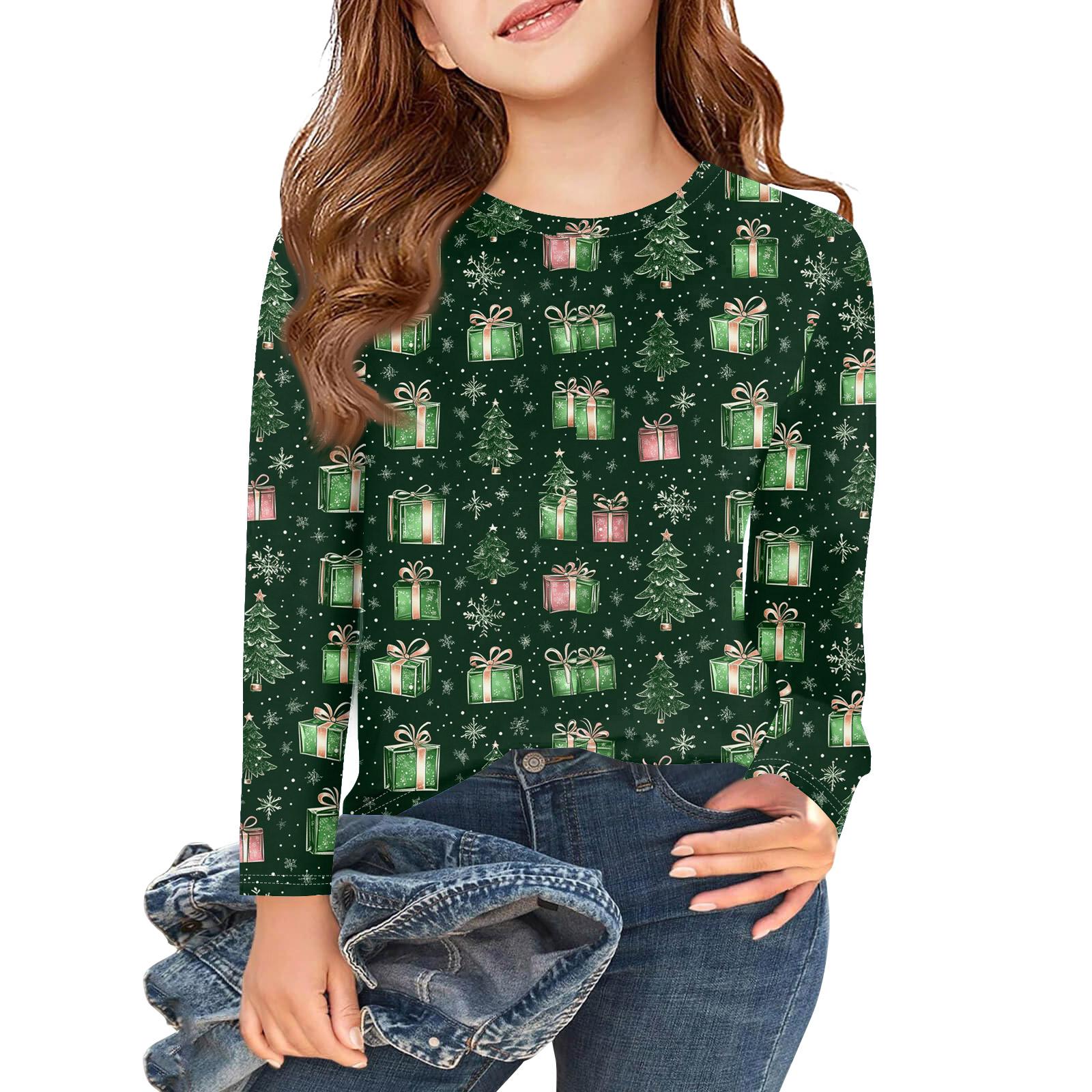 

Рождественские футболки с длинным рукавом для девочек, детские осенние топы с круглым вырезом и принтом, базовые футболки 150