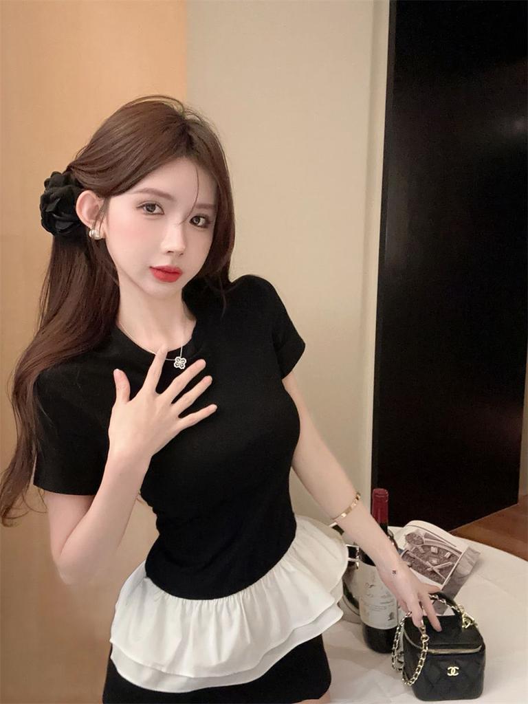 Sexy Women T-shirts Ruffles Wide Black White Fashion Lady Tees Design Tops For Girls