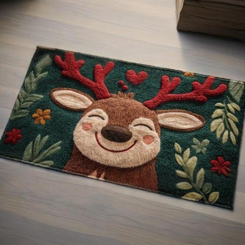 1Pc Fluffy Christmas Deer Microfiber Bath Mat - Quick-Dry & Absorbent, Festive Holiday Design With Red Berries & Green Leaves