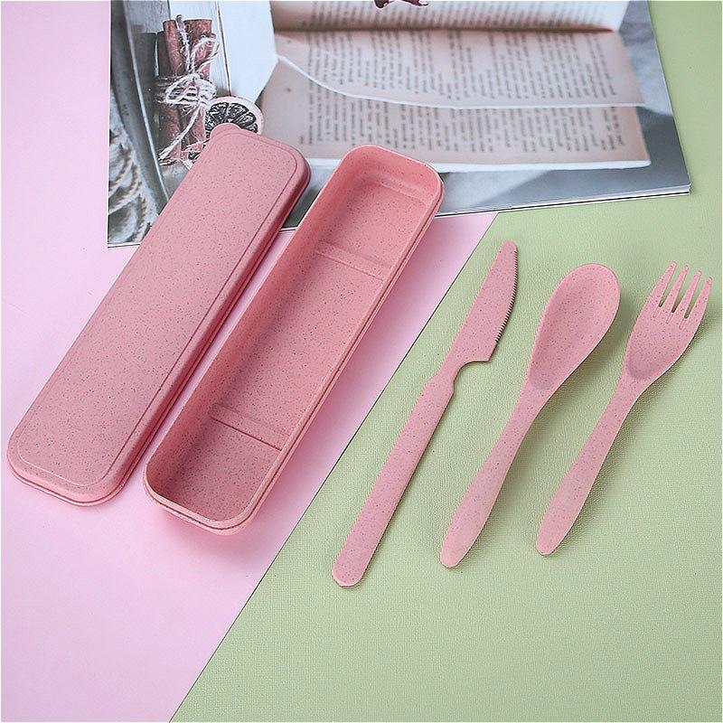 2pcs Pink Portable Tableware Wheat Straw Tableware Set Three Piece Set of Forks Spoons Knives Travel Tableware Camping Cutlery