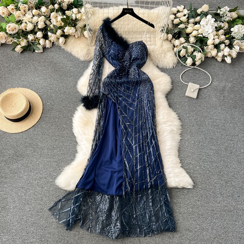 Sloping Shoulder Dress Ins Feather Sequins Long Dress