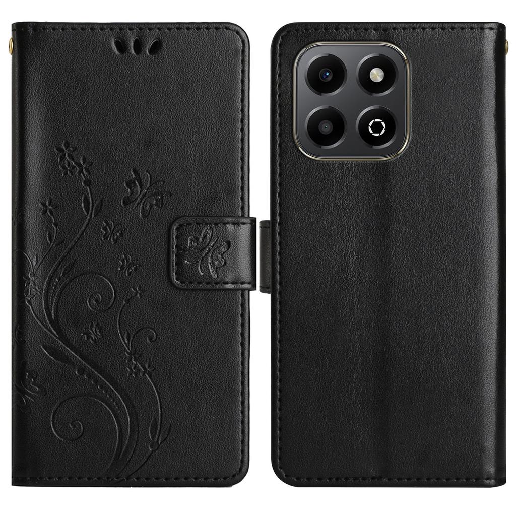 For Honor X6b 4G Leather Wallet Case Butterfly Flower Imprinted Phone Cover with Strap