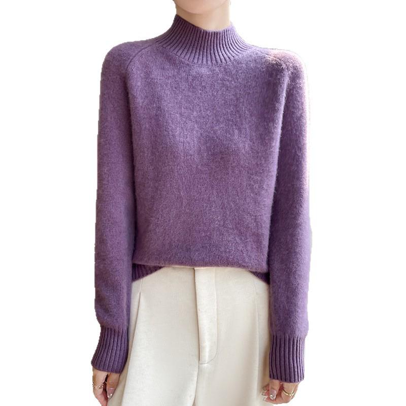 Women's Thick Wool Sweater - Half-High Neck, Raglan Sleeve, Warm & Loose Fit for Autumn/Winter