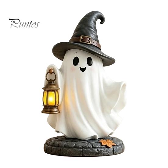 Resin Lighted Ghost Statue Halloween Figurine, Spooky Witch on Pumpkin/Holding Lantern Home Office Table Ornament with LED Light for Desktop Bookshelf