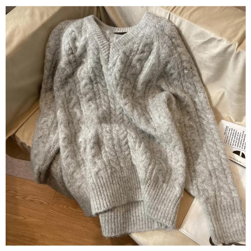 

Новый вязаный свитер с V-образным вырезом и перекрутом для женщин, мягкий, восковой и свободный для осени и зимы, вязаный пуловер в стиле ретро-лентяя для женщин One size