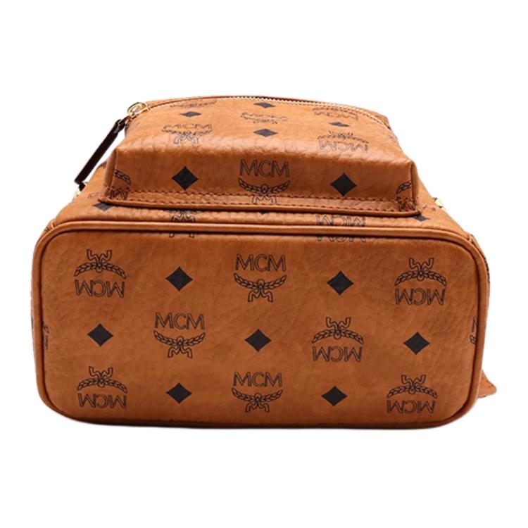 Mcm Stark Classic Vintage Floral Print Double-Sided Rivet Canvas And Leather Backpack Unisex And Couple Style Brown Cognac Color