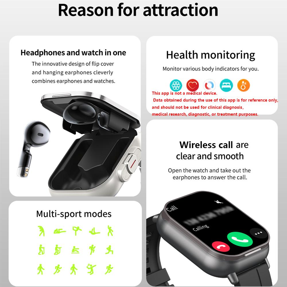 2-i-1 AMOLED Skærm Smartwatch til Mænd Med Øretelefoner Bluetooth Headset Højttaler Tracker Musik Sportsur Mænd Vandtæt Smartwatch