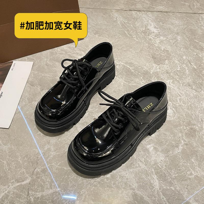 

Thick sole wide fat feet small leather shoes thick heel laceup college style large size women s shoes 44