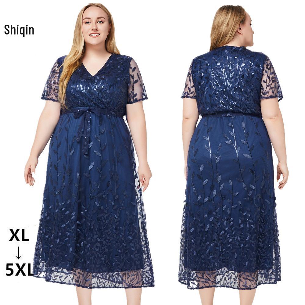 2026 Plus Size V-neck Short Sleeve Sequin Embroidery Bridesmaid Banquet Dress for Spring/Summer (European/American Style)