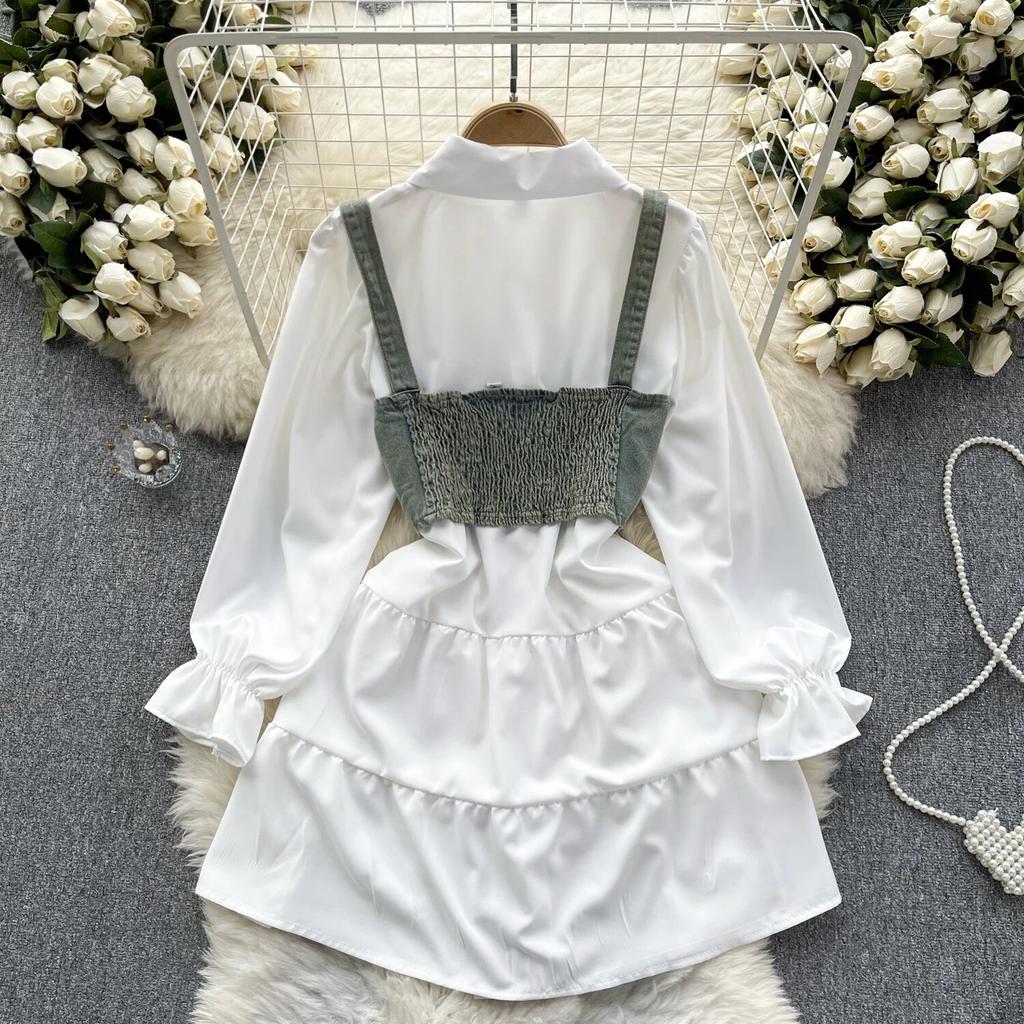 Koreansk Seriekläder Återupplivande Tvådelat Set Topp Retro Kort Jeansväst Trendigt Allmatchande Mellanlångt Skjortset