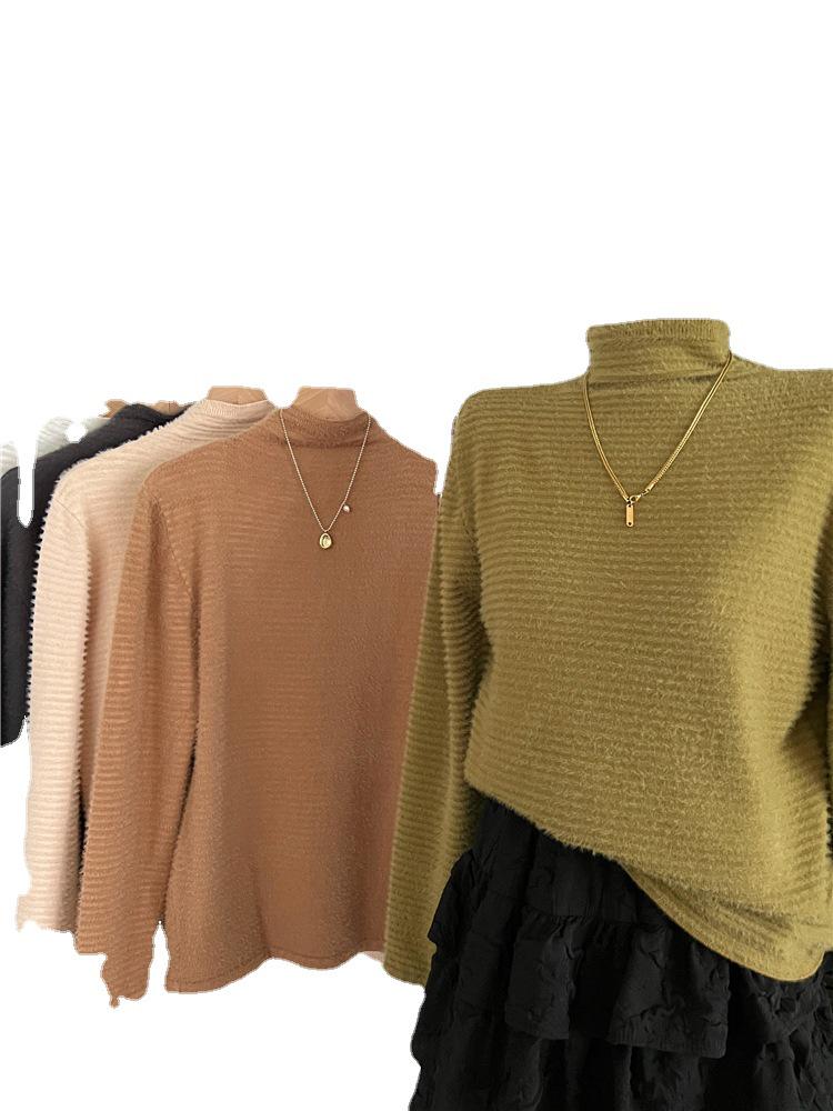 Mink Velvet Lace Flocked Slim Fit High Collar Women's Top - 2022 Winter Style