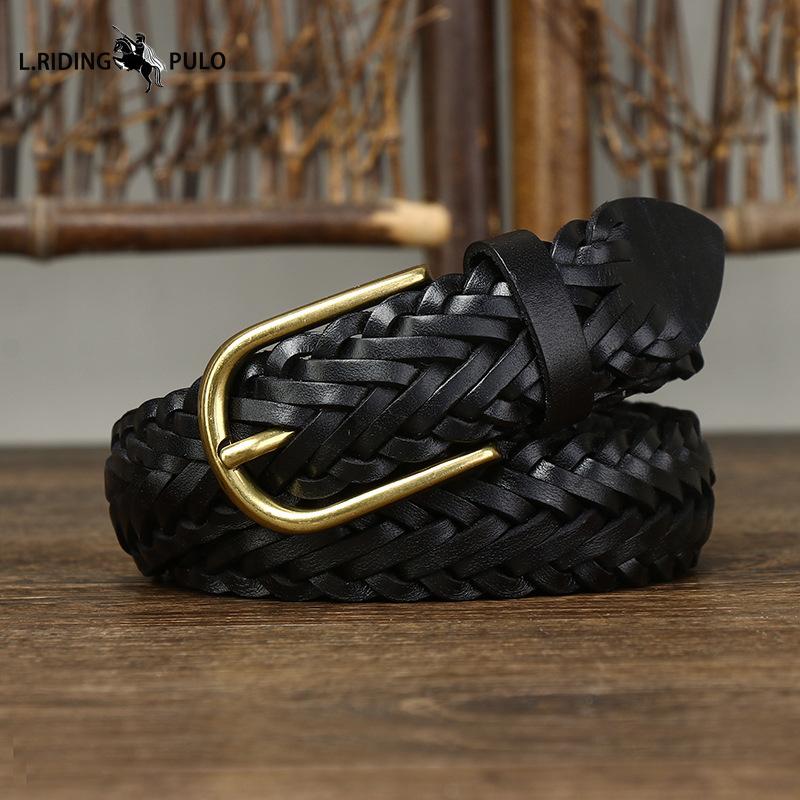 Men's Genuine Leather Braided Belt Cowhide Handmade Woven Pin Buckle Couple's Casual All-match Belt