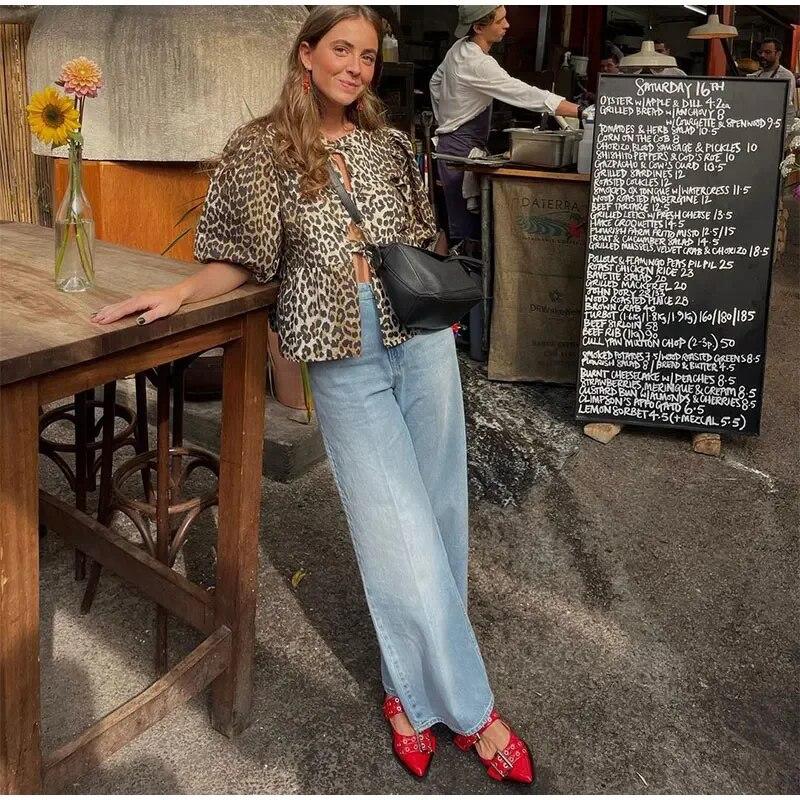 Mode Leopard Gedruckt Aushöhlen Hemd Frauen Kausalen O Hals Kurzarm Einreiher Tops 2024 Neue Chic Weibliche Streetwear