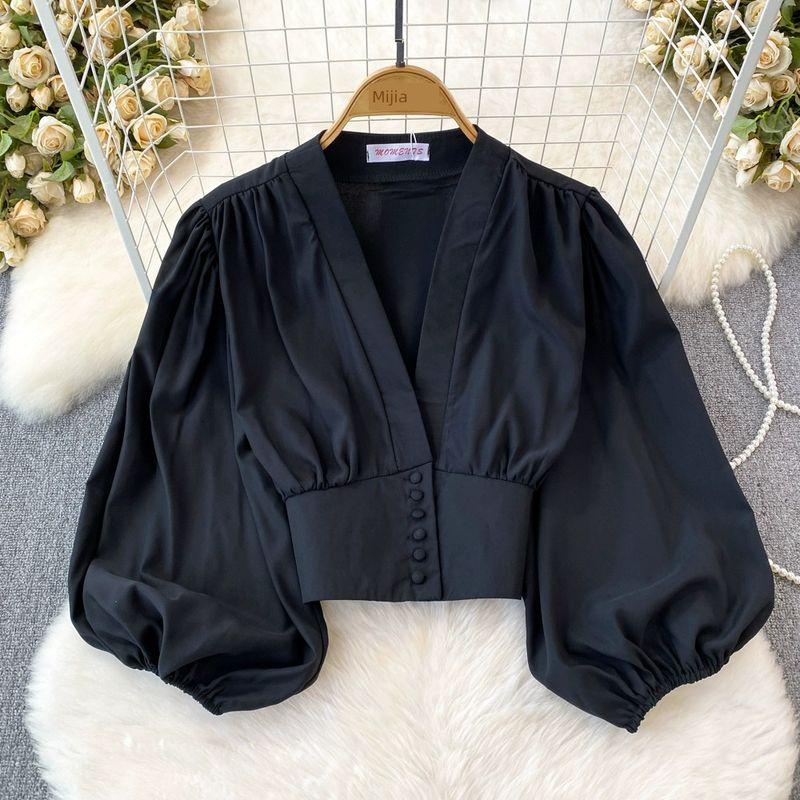 Fashion Lantern Long Sleeve High Waist Exposed Navel Silm Pullover