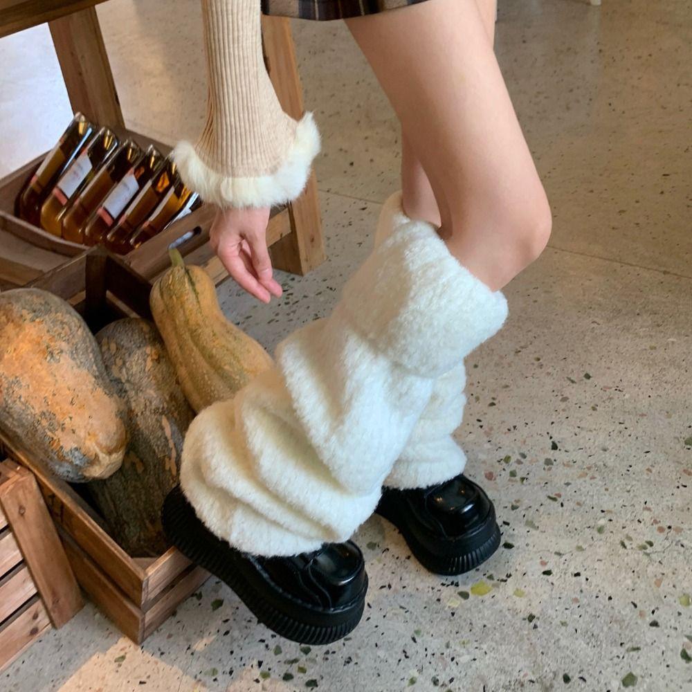Y2K Winter Leg Warmers Foot Cover Knit Long Stockings Harajuku Plush Leg Socks Spicy Girls