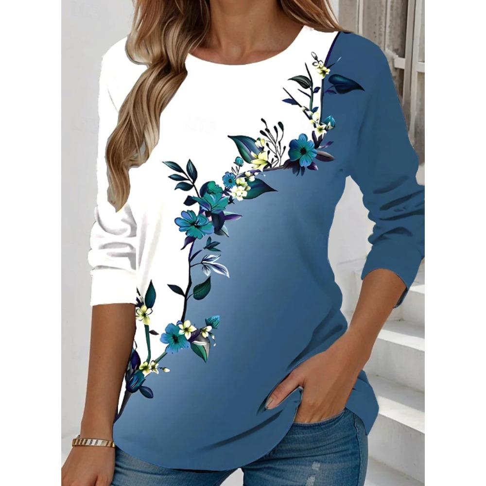 Tops for Women Floral Print Round Neck Long Sleeve T-shirt Fall Casual Slim Pullover Women's Long Sleeve Top