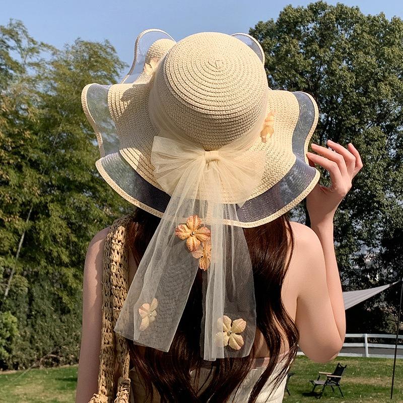 Summer Bow Sun Hat Female, Seaside Beach Vacation Sun Hat Outdoor Big Brim Sun Hat Sweet Straw Hat