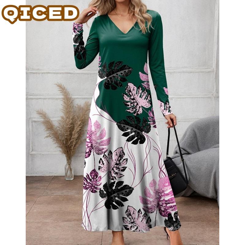 QICED Fashion Autumn Winter Long Sleeve V-Neck Casual Dresses