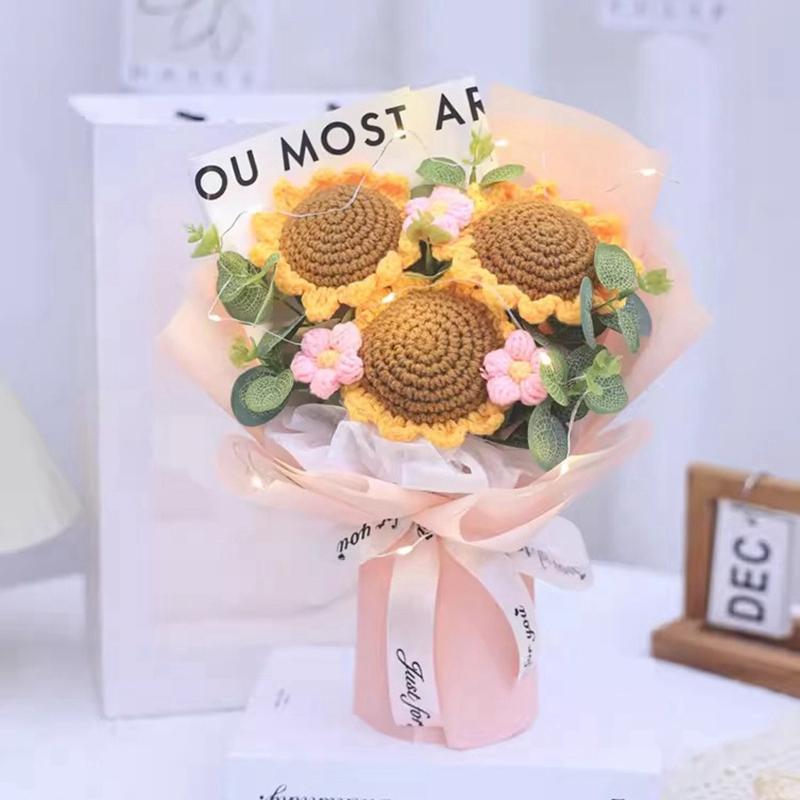 Finished Crochet Flowers Bouquet Handmade SunFlower Bouquet Valentines Gift Wedding Decor Knitted Flower Bouquet with Gift Bag
