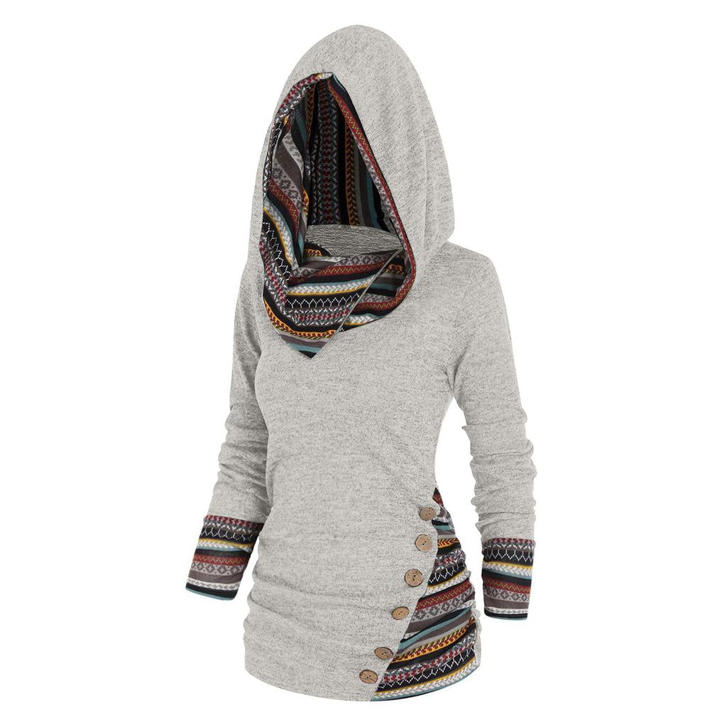 Geometric Stripe Panel Hooded Top Long Sleeve Button Top Pullover Tops For Women