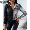 QICED Women's Fashion Casual Solid Color Print Long Sleeve POLO Neck Blouses & Shirts