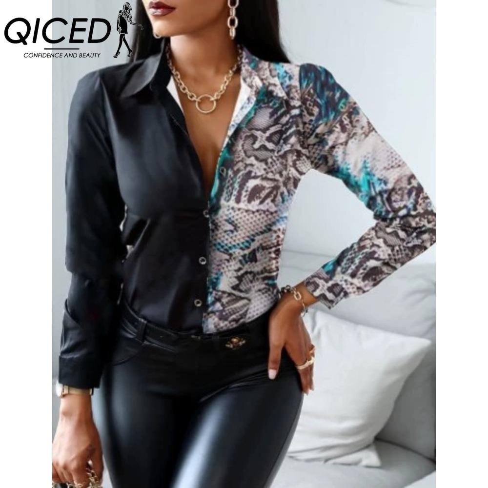QICED Women's Fashion Casual Solid Color Print Long Sleeve POLO Neck Blouses & Shirts