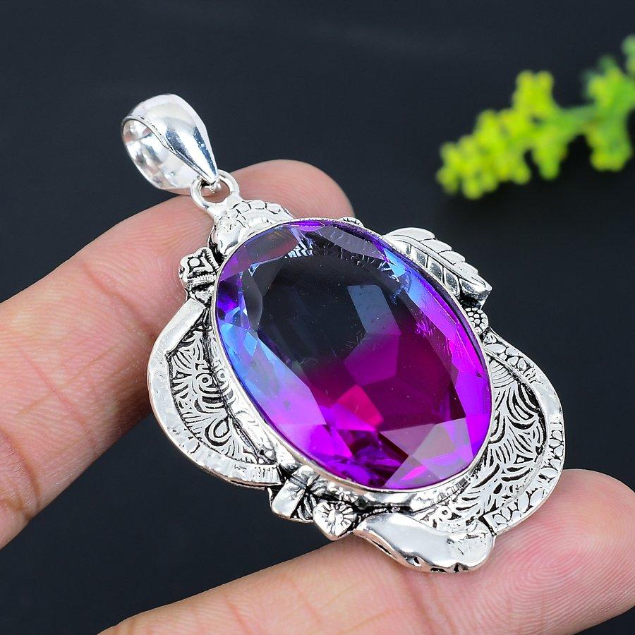 Natural Bi-Color Tourmaline Handmade 925 Sterling Silver Pendant 2.52" q2c17