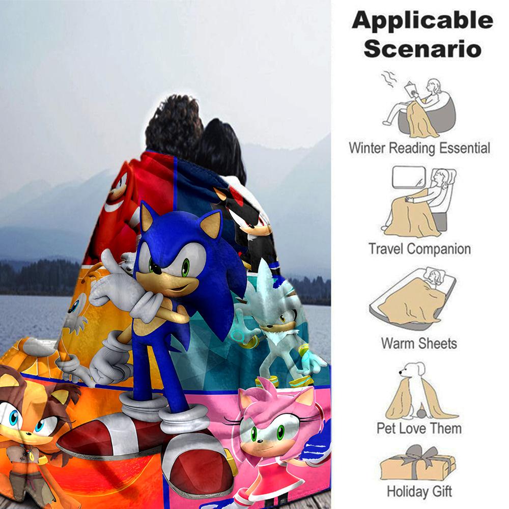 Sonic Hedgehog Characters Flannel Blanket Super Soft Warm Cozy Blanket For Sofa Bed Office Travel Allseason Home Decor Gift