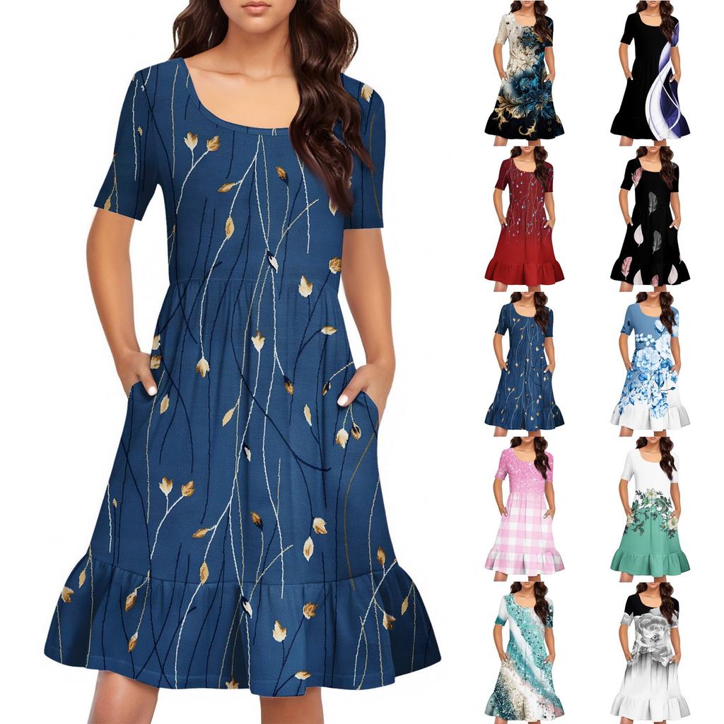 Women's Casual Round Neck Short Sleeved Dress  Loose Waist Pleated Dress Waist Pleated Dress