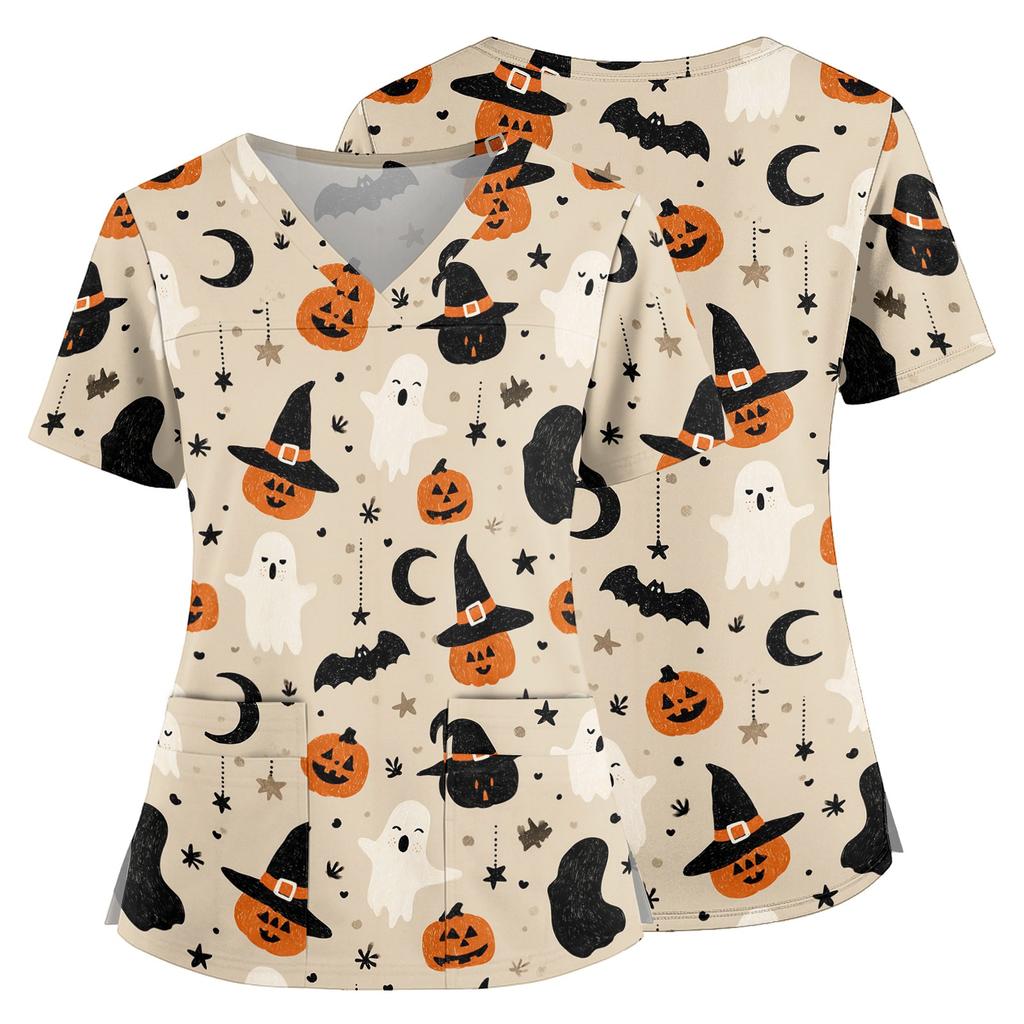 Womens V Neck Halloween Print Medical Scrub Top with Pockets Side Slits Short Sleeve Work Shirt for Healthcare Professionals