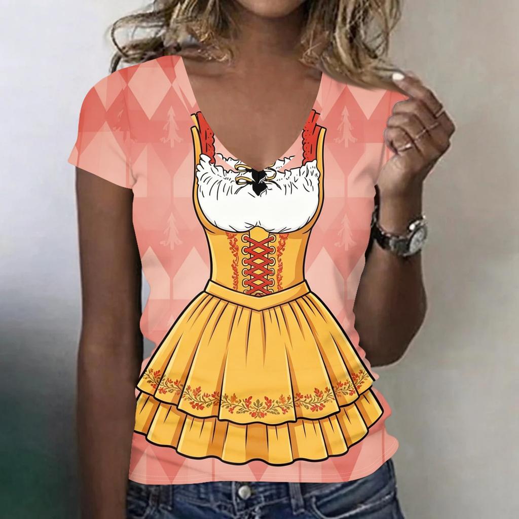 Dámské ležérní tričko s V výstřihem, krátkým rukávem, potiskem Oktoberfest, top, lehké, pohodlný střih, měkká látka