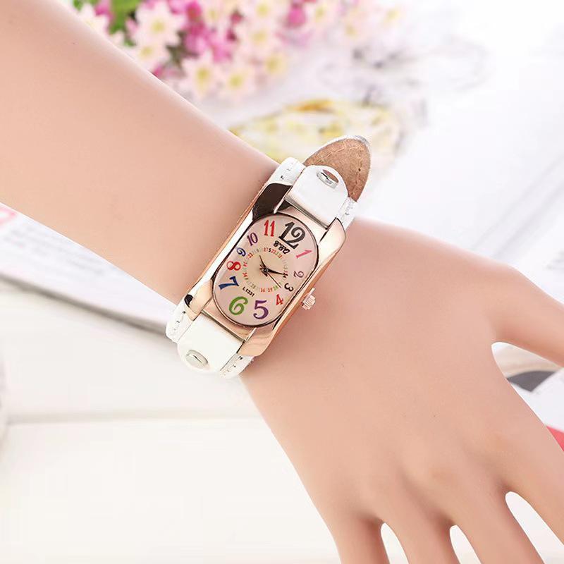 Trendy Men's Leather Belt Watch & Women's Colorful Numbers Quartz Wristwatch