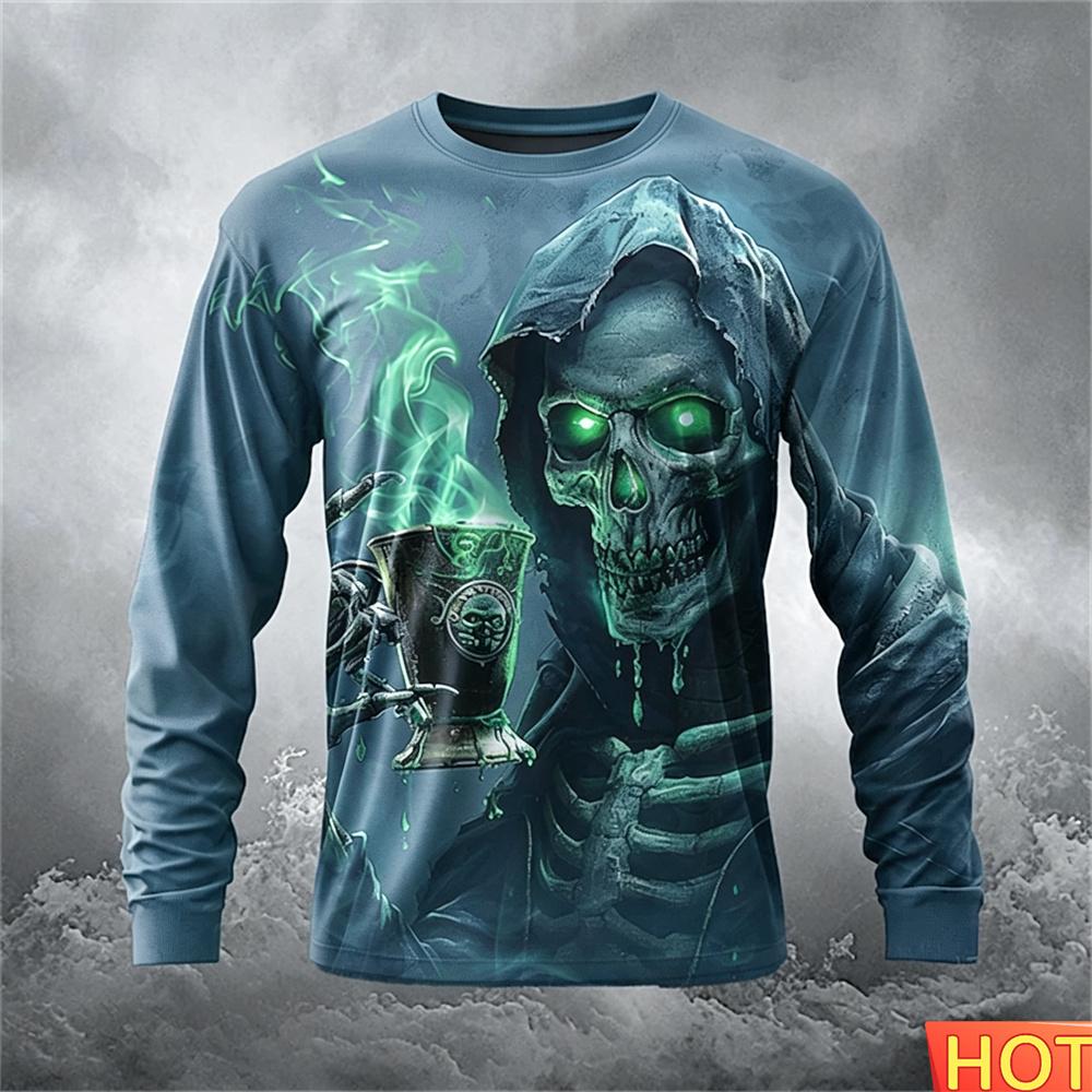 Skeleton Men's Casual Round Neck Long Sleeve Autumn Winter Round Neck Pullover Fashion Streetwear Graphic T-shirts Gifts for Men