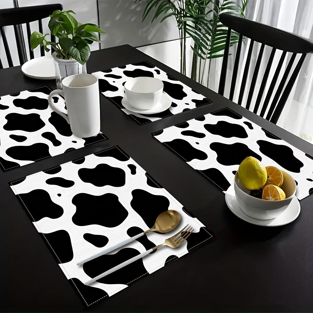 Cow Print Table Mats Black White Dairy Pattern Polyester Machine Washable Ideal for Farmhouse Western and Country Kitchen Decor