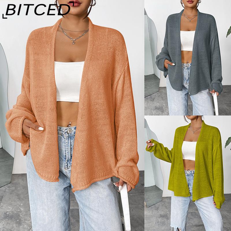 BITCED Loose-Fit Lightweight Knitted Cardigan Jacket for Women Autumn Solid-Colour Casual Outerwear Cardigan