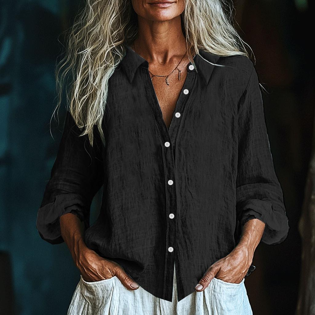 Women's Fashionable And Casual Solid-color Long-sleeved Cotton And Linen Shirt Top